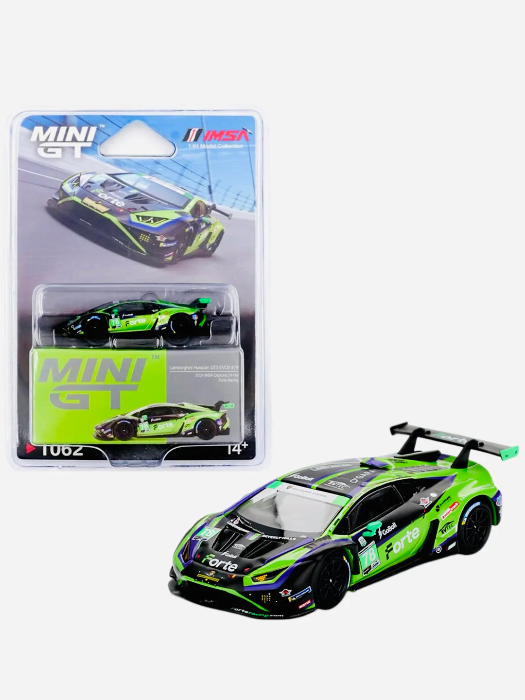 MINI GT #1062 Lamborghini Huracán GT3 EVO2 #78 Forte Racing 2024 IMSA Daytona 24 Hrs BLISTER