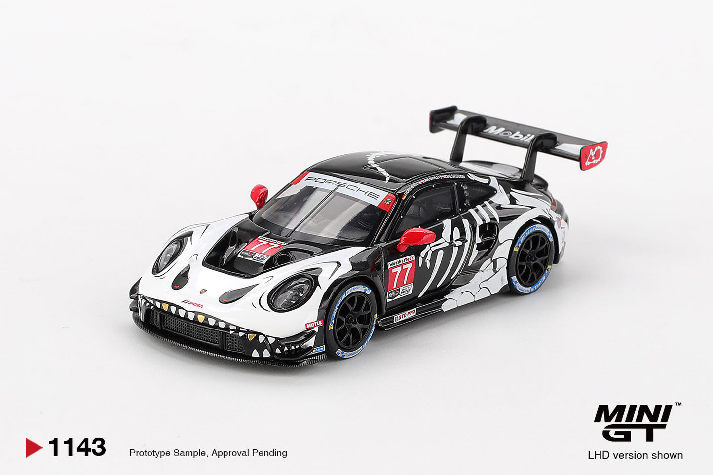 Mini GT #1143 - Porsche 911 GT3 R #77 AO Racing 2025 IMSA Petit Le Mans Skeleton Rexy BLISTER